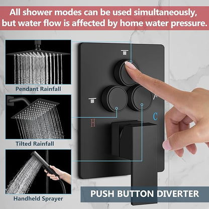 Aolemi Shower Faucet Set Ceiling Mount Shower System Rough-in Valve and Shower Trim Kit 2 in 1 Handheld Spray Push Button Diverter 16 and 6 Inch Dual Shower Head Matte Black