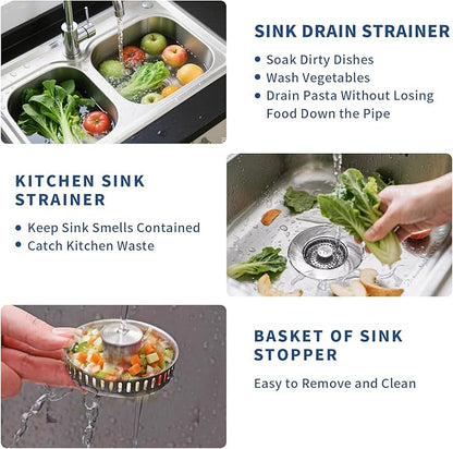 3-in-1 Kitchen Sink Drain Strainer & Sink Stopper - 304 Stainless Steel Pop Up Sink Drain Strainer, Anti-Clogging Kitchen Sink Stopper with Fast Drain Design, Fits Standard 3-1/2'' Sink Drains