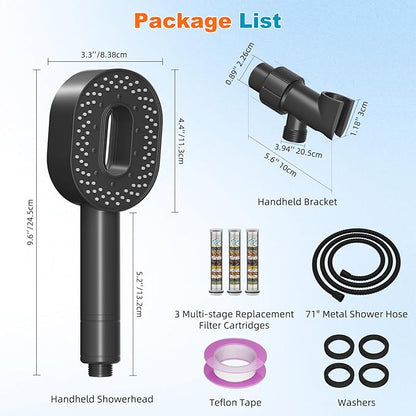 Hibbent Filtered Showerhead with handheld, High Pressure 5 Sprays Shower Head, Anti-clog Nozzles, Brass Holder & 71" Metal Hose, 3 Water Softener Filter Remove Chlorine, Reduce Dry Itchy Skin, Black