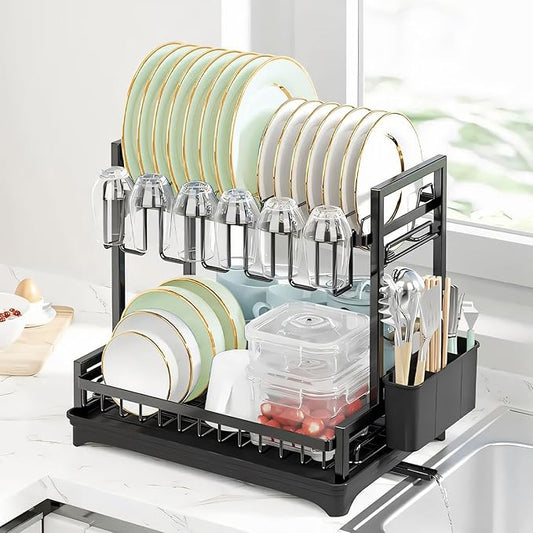 2-Tier Dish Drying Rack for Kitchen Counter, Dish Drainer Dish/Cup/Cutlery Holder Dish Drainer Rack 2 Tier Dish Racks with Utensils Holder, Drainboard & 360° Telescopic Drain Pipe (Black)
