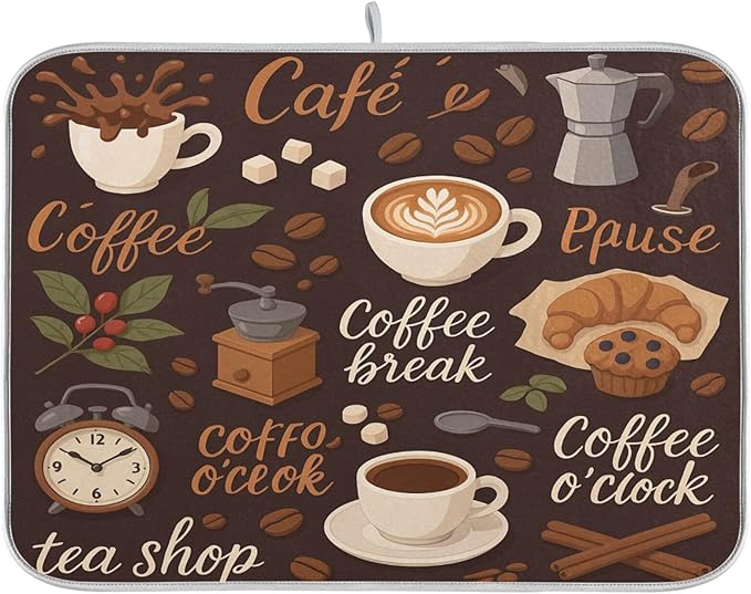 Tea and Coffee Theme Absorbent Dishes Drainer/Rack Mat for Countertop Small Size 16 x 18, Microfiber Dish Drying Pads Kitchen Counter Draining Pad