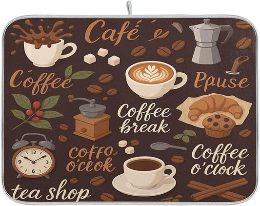 Tea and Coffee Theme Absorbent Dishes Drainer/Rack Mat for Countertop Small Size 16 x 18, Microfiber Dish Drying Pads Kitchen Counter Draining Pad