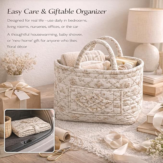 Quilted Laundry Basket with Handles,Boho Quilted Floral Storage Basket with Handles & Pocket,Foldable Cotton Fabric Organizer Tote for Car, Nursery, Laundry, Toys, Picnic, Closet (Brown flowers)