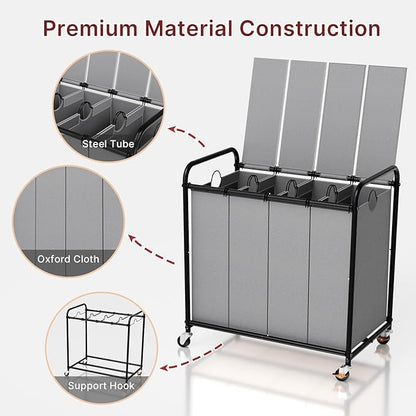 4-Compartment Laundry Cart with Lockable Wheels & Lid 180L Large Wheeled Laundry Basket Heavy-Duty Sorting Organizer for Laundry Room (Grey)