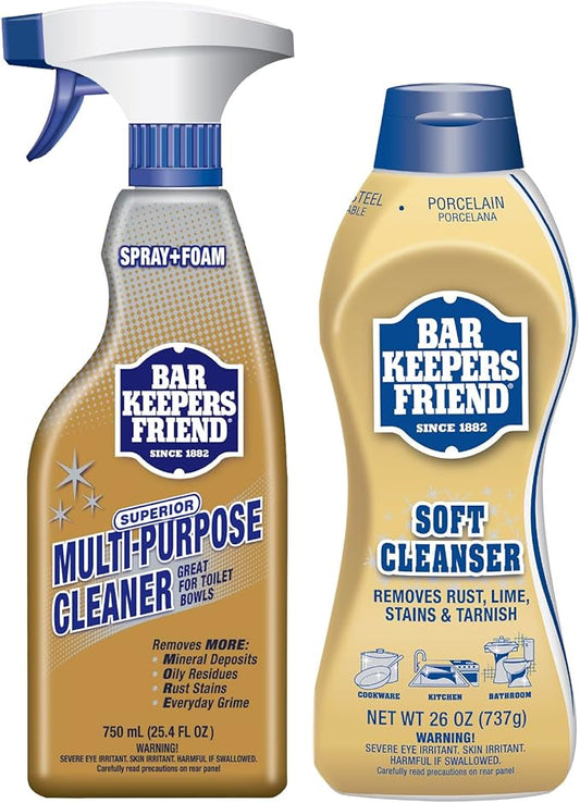Bar Keepers Friend Soft Cleanser (26 oz) MORE Spray + Foam (25.4 oz) Multipurpose Cleaner Bundle, Stain & Rust Remover for Multi Surface Bathroom, Kitchen & Outdoor Cleaning