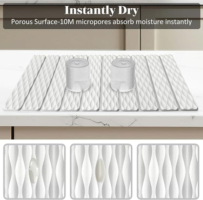 Stone Dish Drying Mats for Kitchen Counter, 24"(L)×16"(W) Wave - Pattern, Fast Drying Collapsible Dish Drying Mat, Eco-Friendly Absorbent Diatomaceous Earth Mats for Match Any Countertop