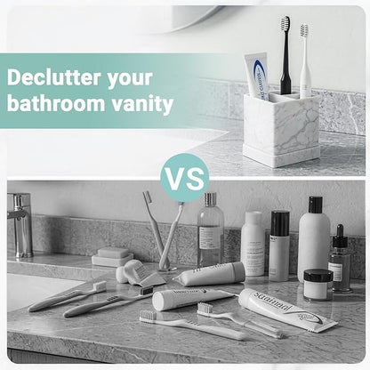 Toothbrush Holders for Bathrooms, 3 Slots Kids Countertop Silicone Electric Tooth Brush and Toothpaste Holder Organizer Stand with Drainage Tray, Bathroom Accessories Decor, White Marble