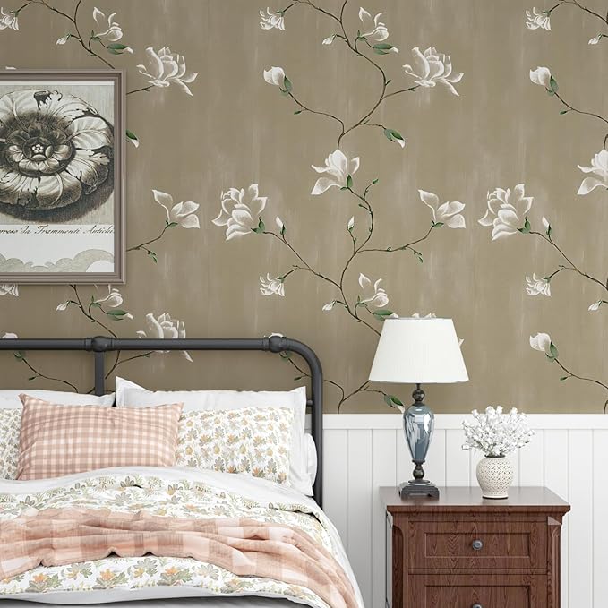 Laatse Floral Wallpaper Peel and Stick 17.5" x 393" Khaki Floral Contact Paper Vintage Self Adhesive Wallpaper Vinyl Waterproof Wall Paper for Bedroom Walls Cabinet Countertop Decor