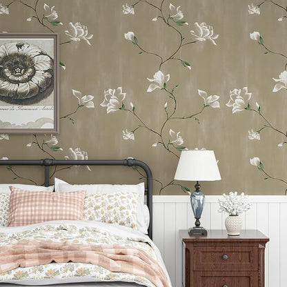 Laatse Floral Wallpaper Peel and Stick 17.5" x 118" Khaki Floral Contact Paper Vintage Self Adhesive Wallpaper Vinyl Waterproof Wall Paper for Bedroom Walls Cabinet Countertop Decor