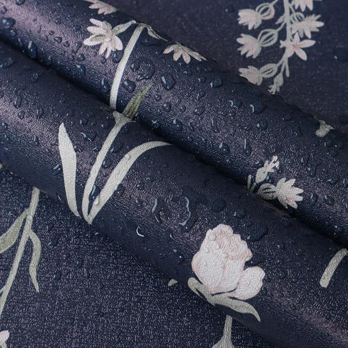 Wudnaye Dark Blue Peel and Stick Wallpaper Dark Floral Contact Paper 16.9in×118.1in Self Adhesive Flower and Leaf Contact Paper Blue Wallpaper White Vintage Removable Waterproof for Bathroom Room Wall