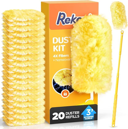 Heavy Duty Duster Refill Kit for Swiffer Duster with 3 ft Extension Pole & 20 Count Refills, 4X Microfibers Multisurface Dusters for Cleaning Home, Celling Fan, Blinds, Vent & Shelves