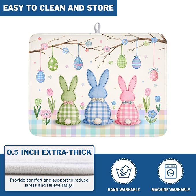 Easter Bunny Dish Drying Mat for Kitchen Counter 18 x 24 Inch Rabbit Eggs Dish Drainer Mat Absorbent Microfiber Dish Rack Pad for Spring Holiday Coffee Dining Bar Decor