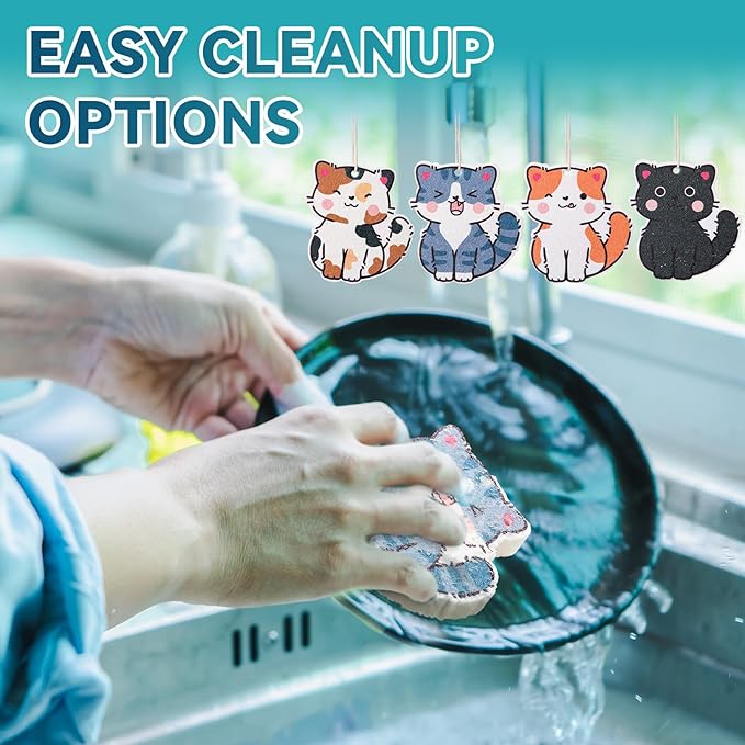 8 Pcs Christmas Sponges Dish Scrubber, Cute Kitchen Scrub Dual Sided Dishwashing Sponge Reusable Cleaning for Kitchen Dishes Furniture (Cat)