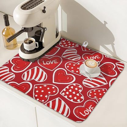 Valentines Day Dish Drying Mat for Kitchen Counter Red Polka Dot Stripe Love Heart Pattern Drying Mat 16x18 Inch Valentines Holiday Absorbent Dish Drainer Mat Kitchen Accessories