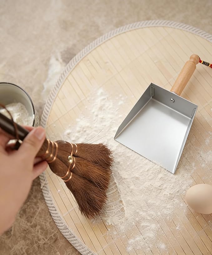 Mini Metal Dustpan and Brush Set, Natural Bristle Palm Broom, Stainless Steel Pan, Heat-Safe for Fireplace Ash Cleaning, Anti-Static, Eco-Friendly