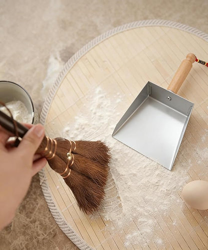 Mini Metal Dustpan and Brush Set, Natural Bristle Palm Broom, Stainless Steel Pan, Heat-Safe for Fireplace Ash Cleaning, Anti-Static, Eco-Friendly