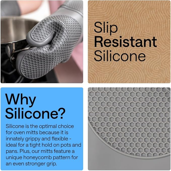 GORILLA GRIP BPA-Free Soft Silicone Oven Mitts, 14.5x8.3, Heat Resistant and Waterproof Cooking Gloves, Thick Cotton Lining, Flexible Gripping for Baking Grilling, Kitchen Potholders Set of 2, Gray