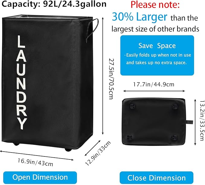 92L Extra Large Rolling Laundry Basket with Leather Handle,Tall Laundry Hamper on Wheels,Laundry Bin,Rolling Laundry Cart Black