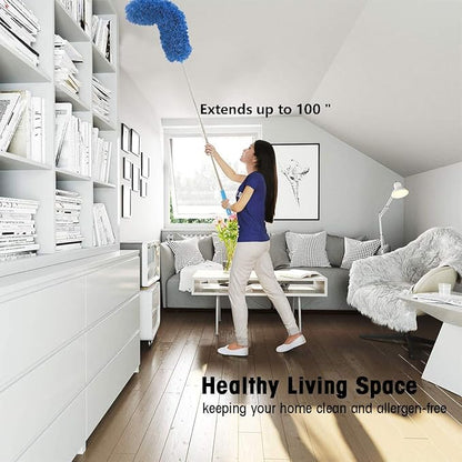 Microfiber Feather Duster with Extendable Pole, 100 inches Extra Long Cobweb Duster for Cleaning, Bendable Head, Non-Scratch, Washable Duster for Ceiling, Fan, Furniture Blue