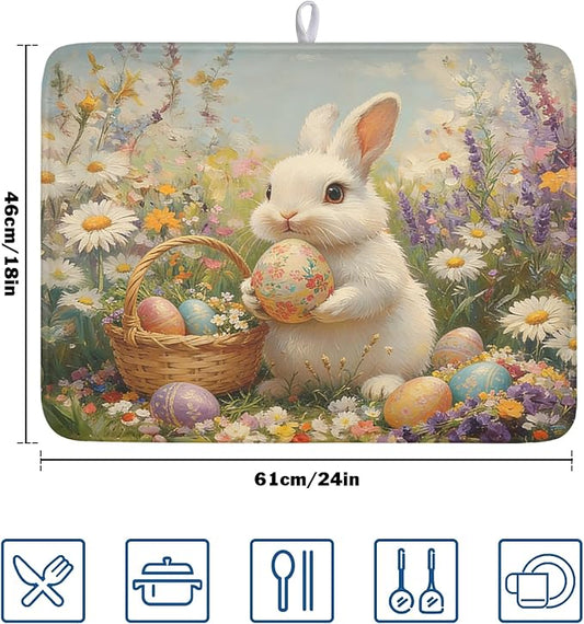 Easter Bunny Eggs Dish Drying Mat for Kitchen Counter 18 x 24 Inch Rabbit Floral Dish Drainer Mat Absorbent Microfiber Dish Rack Pad for Spring Holiday Coffee Dining Bar Decor