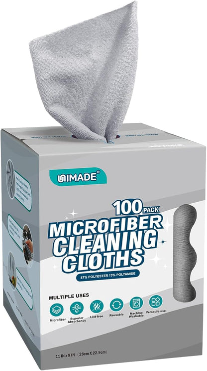 Microfiber Cleaning Cloth, 100 Sheets Microfiber Towels for Cars Commercial Grade Washcloths Lint-Free Bulk Shop Towel Cleaning Rags for Household Restaurant Garage Housekeeping, 11"x 9", Grey