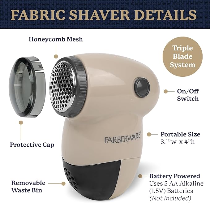 Farberware Fabric Shaver & Lint Remover for Clothes – Battery Operated Lint Shaver with Triple Blades, Sweater Shaver to Remove Pilling for Clothing, Couch, Furniture, Fuzz, Lint Balls