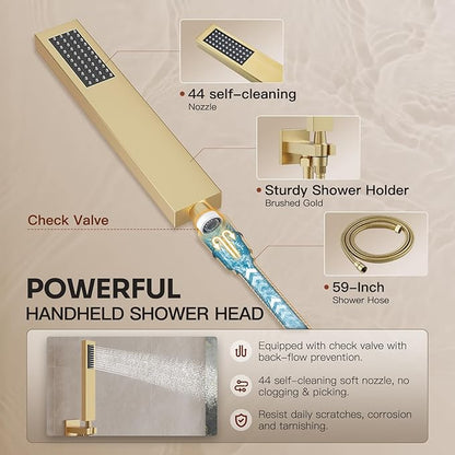 Gold Shower System, Shower Faucet Set with 3 In 1 Push Button Valve, Shower Faucet included 10" Ceiling Shower Head and 8" Wall-Mount Shower Head with Handheld Spray, Brushed Gold