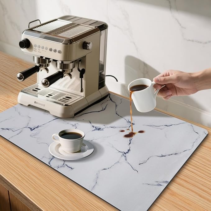 CooRug Marble Pattern Dish Drying Mat, Absorbent Coffee Bar Mat for Kitchen Counter, Non-slip Pad with Rubber Backed, Washable and Easy to Clean 16" x 24" Blue Marble