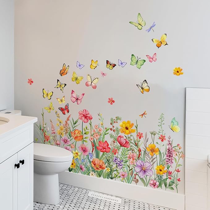 Wildflower Butterfly Wall Stickers Colorful Floral Garden Decals Watercolor Peel and Stick Decor for Kids Room Bedroom Home Decoration