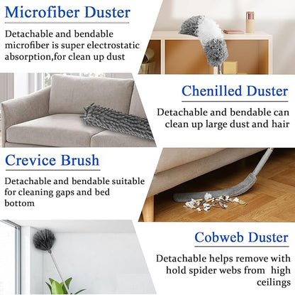 Dusters for Cleaning,9Pcs Feather Duster with Extension Pole Up to 100'',Bendable Extendable Long Feather Duster for Cleaning Fan,High Ceiling,Blinds,Furniture,Cars