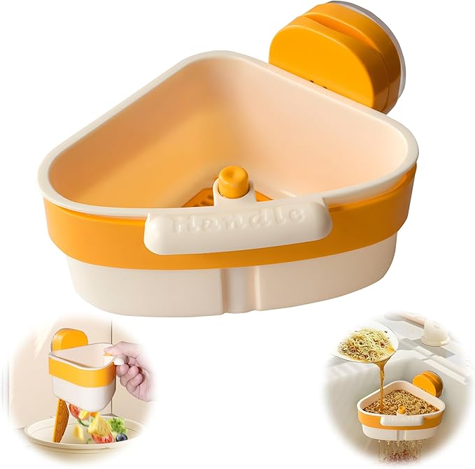 Kitchen Sink Strainer Basket, Suction Cup Press-to-attach Sink Filters, Upgraded Automatic Tipping Sink Filter Basket, Faucet Sponge Storage Shelf, Corner Sink Strainers (Yellow)