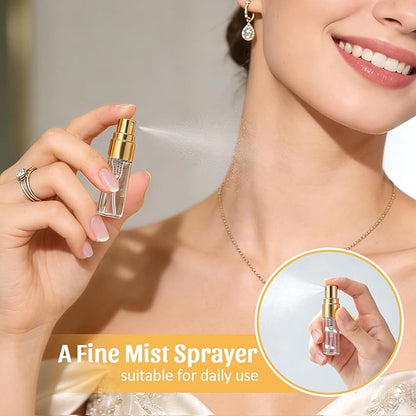 Esoes 30 Pcs Mini Perfume Spray Bottles 3ml, Clear Spray Bottle Refillable Fine Mist Atomizer, Glass Perfume Bottles Portable Empty Sample Containers for Cleaning, Essential Oils, Travel – Gold Cap