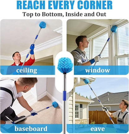 Cobweb Duster with Extension Pole - 8 FT Lightweight Stainless Steel Extendable Duster Ceiling Fan Duster for High Ceilings, Medium Stiff PET Bristle Spider Web Brush for Indoor/Outdoor Cleaning