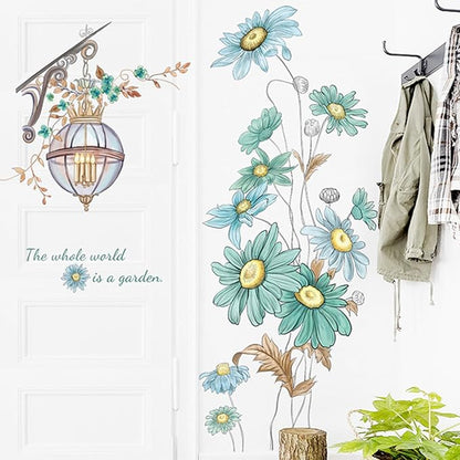 Blue Sunflower Wall Decals Vinyl Stickers, Flower Butterfly Decal Art Murals, Flower Pattern Self-Adhesive Wall Stickers for Girls Bedroom Living Room Nursery Decor