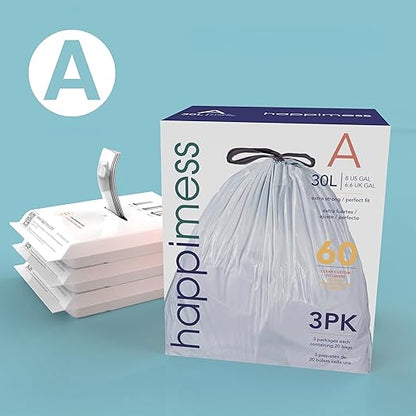 happimess 8 Gallon (30L) Drawstring Trash Bags, Unscented, Clear, Heavy Duty LDPE Liners for Kitchen and Household, Custom Fit 100 Count (5 Packs of 20 Liners) HPM3000A-C-5SET