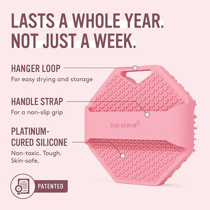 Sud Scrub® Antimicrobial Silicone Body Scrubber, Exfoliating Body Brush for Sensitive Skin, Antibacterial Shower Scrubber for Body, Bathroom Essentials for Men & Women, Pink