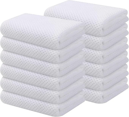 Kitinjoy 100% Cotton Waffle Weave Kitchen Hand Towels (13 X 28 Inches, White), 12-Pack Super Soft and Absorbent Dish Towel for Drying Dishes