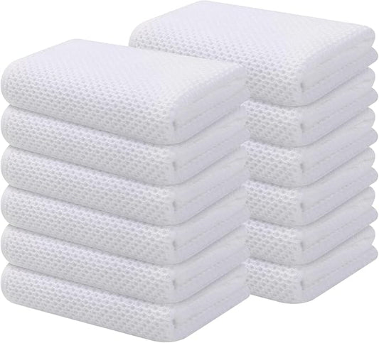 Kitinjoy 100% Cotton Waffle Weave Kitchen Hand Towels (13 X 28 Inches, White), 12-Pack Super Soft and Absorbent Dish Towel for Drying Dishes