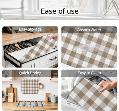 Dish Drying Mat Light Brown Buffalo Check Plaid Drying Mats for Kitchen Counter Farmhouse Style Absorbent Microfiber Dish Drainer Quick Drying Coffee Mat with Hanging Loop, 16 x18 inch