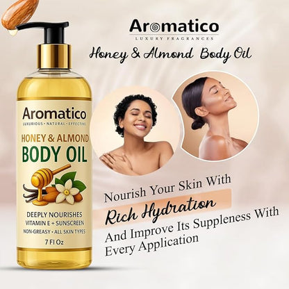 Aromatico Honey & Almond Body Oil for Women – 7 fl oz | Moisturizing After Shower Body Oil for Daily Use | Cozy & Creamy Fragrance
