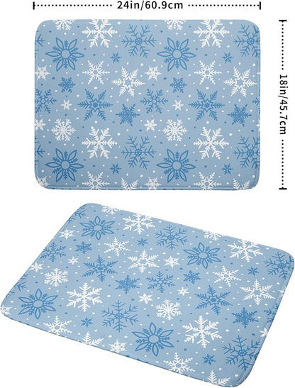 Winter Dish Drying Mat for Kitchen Counter 18x24 Blue White Snowflake Holiday Theme Seasonal Absorbent Reversible Microfiber Drying Mats Kitchen Countertop Protector Dishes Drainer Pad