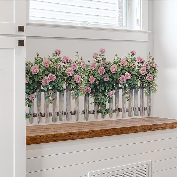 Romantic Rose Decals Floral Wall Decor, Rose Vine Fence Flowers Stickers Wall Art Murals, Flower Pattern Self-Adhesive Stickers for Girls Bedroom Living Room Nursery Decor