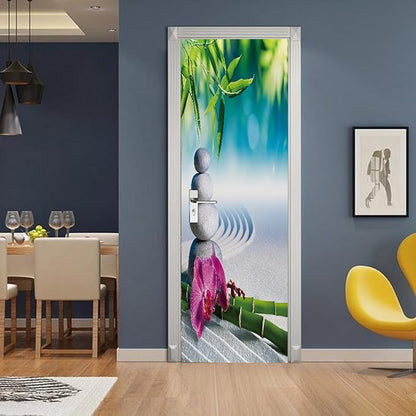 A.Monamour 3D Door Stickers for Interior Doors Sand Orchid Bamboo Massage Stones in Zen Garden Vinyl Waterproof Self Adhesive Door Mural Decals for Bedroom Office Bathroom 90x200cm
