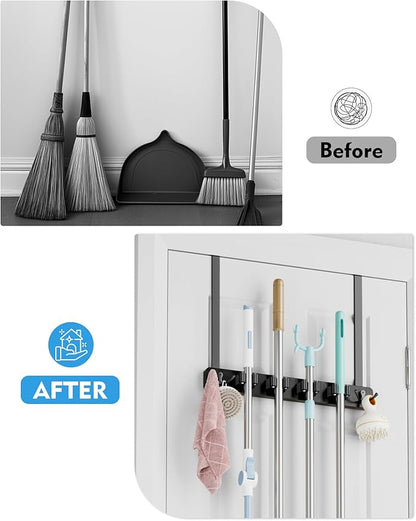 BS-VOG Over the Door Broom Holder, Mop and Broom Holder Door Mount, Hanging Organizer with 4 Racks & 2 Hooks, Wooden Hanger Storage Decor, Laundry Tool Organizer for Closet Garage, No Drills