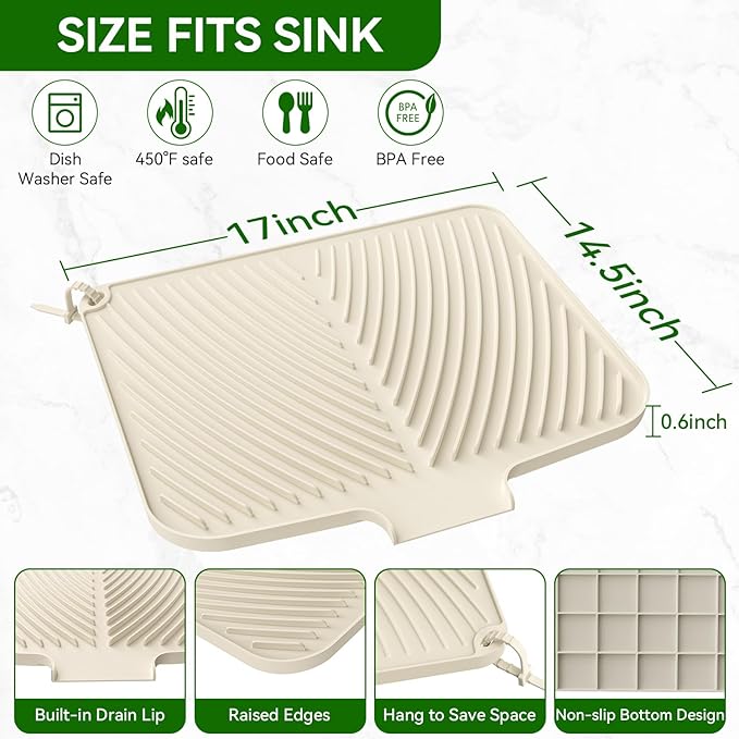 Belife Dish Drying Mat for Kitchen Counter, Silicone Dish Drainers Pad, Non-Slip Under Sink Dish Drying Rack, Heat Resistant Small Stone Drying Board (17" x 14.5",White)