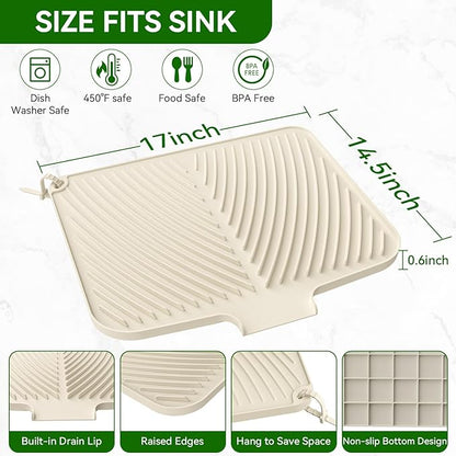 Belife Dish Drying Mat for Kitchen Counter, Silicone Dish Drainers Pad, Non-Slip Under Sink Dish Drying Rack, Heat Resistant Small Stone Drying Board (17" x 14.5",White)