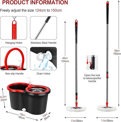 Spin Mop and Bucket with Wringer Set, 360° Spinning Mop Bucket System with 3 Microfiber Mop Replacement Heads, Adjustable Handle for Floor Cleaning (Black)