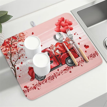 Valentine's Day Dish Drying Mats for Kitchen Counter, Happy Valentine's Day Dish Mat Absorbent Reversible Microfiber Dish Drying Pad Love Kitche Mat Dish Drainer Rack Mats for Coffee Bar 18"x24"