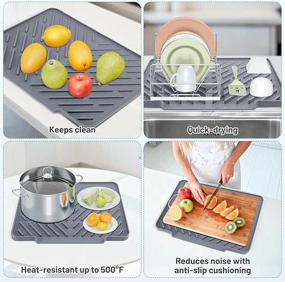 Silicone Dish Drying Mat for Kitchen Counter Essentials with Wider Drain Spout, Non-Slip Heat Resistant Dish Drying Pad with Hanging Hole for Sink RV Camper Travel Multipurpose Drainer Mat Grey