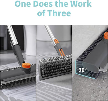 Floor Scrub Brush with Long Handle, 3 in 1 Scrape and Heavy-Duty Stiff Bristle Scrubber Brush for Cleaning Shower Bathroom, Patio, Pool, Garage, Kitchen, Wall and Deck (Gray, 2 Pack)